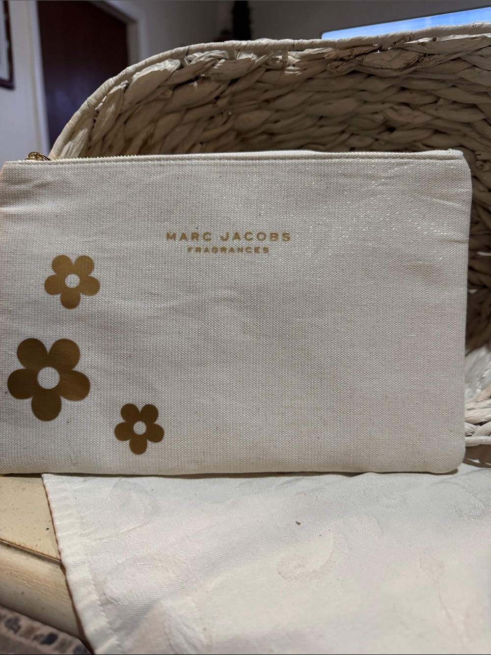 Marc Jacobs Cream Canvas Pouch with Gold Flower Accents